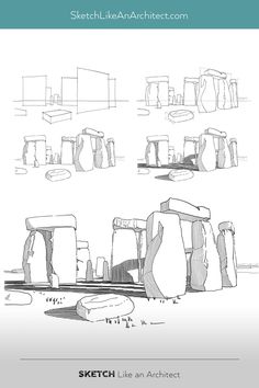 sketches of stonehenge in different positions and sizes, with text that reads sketch like an