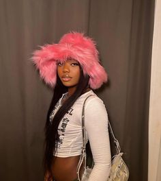 Faux fur pink luxury hat Fuzzy Hat Outfit Black Women, Winter Hat With Feather Trim, Trendy Fluffy Winter Hats, Trendy Winter Faux Fur Hat, Trendy Faux Fur Winter Hat, Faux Fur Trimmed Hat With Short Brim, Faux Fur Trim Hat With Short Brim, Trendy Winter Mini Bucket Hat, Trendy Mini Bucket Hat For Winter