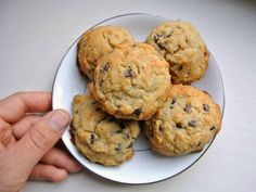 a person holding a plate full of chocolate chip cookies