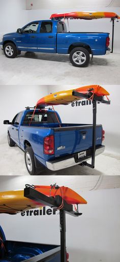 three different views of a blue truck with kayaks on the back and in the bed