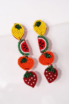 These Meli Fruit Dangle Beaded Earrings are the ideal vacation earrings. The vibrate colors and intricate hand crafted details will elevate any look to make you feel like if you are on vacation! SizeHeight: 3.75 in.Width: 1 in. QualityModern handcrafted beaded embroidery. Secured with a comfortable post back. ImportedE12068MT Beaded Embroidery Earrings, Vacation Earrings, Dangle Beaded Earrings, Beaded Diy, Embroidery Earrings, Fairy House Crafts, House Crafts, Beads Work, Beaded Earrings Diy