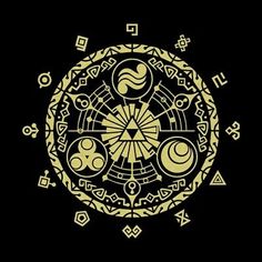 a gold and black circular design on a black background, with symbols in the middle