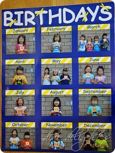 a birthday calendar with pictures of children on it