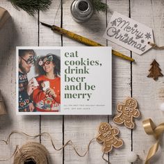 a christmas card sitting on top of a wooden table