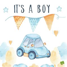 it's a boy card with a blue car and bunting