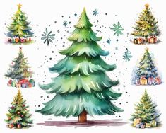 watercolor christmas trees with presents on them