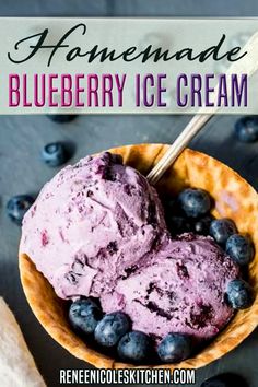 two scoops of homemade blueberry ice cream in a bowl