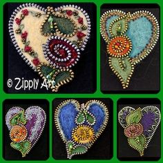 four different pictures of hearts made out of bead and felt with flowers on them