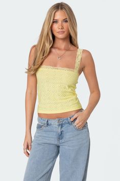 Virginia Lace Trim Eyelet Tank Top Yellow Lace Top, Wwe T Shirts, Eyelet Fabric, Yellow Tank Top, Lace Straps, Girls Blouse, Yellow Lace, Yellow Shirts, Lace Tank Top