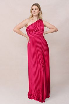 Model: Sydney; Size: 10; Color: Hot Pink Satin Pleated Dress, Pleated Satin Dress, Empire Waistline, Flowing Skirt, Bra Cups, Dress Backs, Pleated Dress, Bridal Accessories, Mother Of The Bride