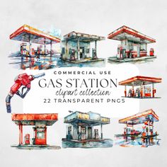 watercolor gas station clipart collection with different types of gas pumps and their locations