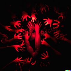 many hands reaching up in the air with red light on them and black background,