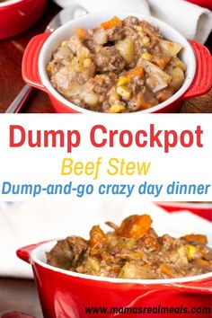 dump crockpot beef stew in a red bowl