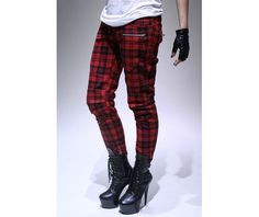 Punk rider biker armor cigarette skinny plaid tartan ankle cropped pants  pants and jeans 6 Edgy Fitted Plaid Bottoms, Fitted Plaid Edgy Bottoms, Edgy Plaid Bottoms For Fall, High Heels Sneakers, Br Style, Heels Sneakers, Flannel Pants, Rock Chic, Red Tartan