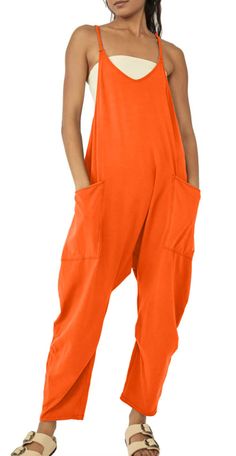 PRICES MAY VARY. Spaghetti straps slip jumpsuit Loose and baggy style Features: 2 Side pockets/ Harem pants wide leg pants/ Lounge style/ Solid color- black, grey, green, brown, orange, blue, purple Versatile jumpsuit: This slip jumpsuit is fitted for women as casual daily wear cargo jumpsuit sleeveless long romper, holiday vacation casual wide leg harem pants jumpsuit one piece outfits bib overalls, evening party night club bar loose jumpsuit flare pants cargo jumpsuit Size: Please refer to the Jumpsuits For Women Casual Summer, Shoulder Straps, Spaghetti, Overalls, Jumpsuit, Rompers, Orange, Pants, Trousers