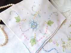 Flower Applique Hanky, Hand Embroidered Batiste Cotton Hanky, Floral Appliquework White Floral Embroidered Handkerchiefs For Gifts, Spring Cotton Handkerchiefs With Floral Embroidery, Embroidered Hankies, Pink Vintage Handkerchiefs With Floral Embroidery, White Embroidered Flower-shaped Handkerchiefs, Dragonfly Pin, Applique Flowers, Vintage Pink Floral Embroidered Handkerchiefs, Pretty Hands