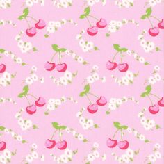 a pink background with cherries and white flowers