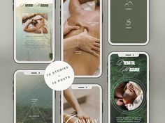 four cell phones showing different images of people in the same room and text that reads, to stories to postcard