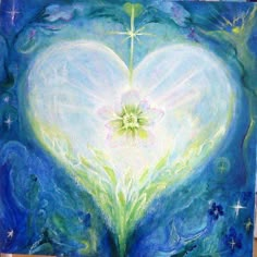 a painting of a heart with flowers and stars in the center on a blue background