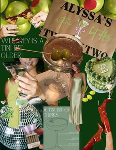 collage of photos with woman in green dress and wine glass, holding up a sign that says alyssa's twinkie is a older