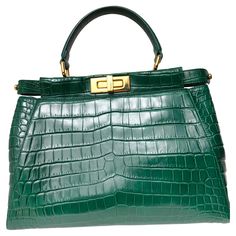 Fendi green Emerald croco leather Peekaboo Gold tone hardware. Croco Emerald green shoulder strap Cites inside Measurements: 33*24*13 cm Luxury Green Box Bag With Top Carry Handle, Green Emerald, Bag Handle, Fendi Bags, High Jewelry, Handle Bag, Bags Shoes, Fashion Handbags, Emerald Green