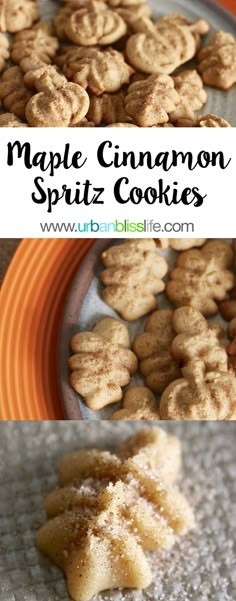 maple cinnamon spritz cookies on an orange plate with the words maple cinnamon spritz cookies