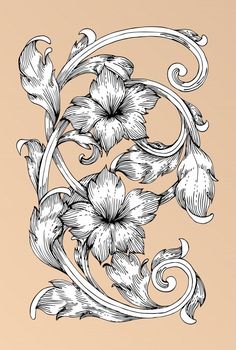 an ornate design with flowers and swirls in black ink on a beige back ground