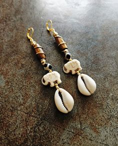 Long Earrings, Ethnic, Elephant, Agate Beads, Triple Cowrie Shells Dangle, Sea Shell Boho Jewelry Cowrie Jewelry, Sea Shell Earrings, Cowrie Shells, Everyday Activities, Cowrie Shell, Shell Earrings, Earrings Boho, Agate Beads, Sea Shell