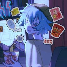 an anime character with blue hair is sitting in front of a computer screen and has stickers on it