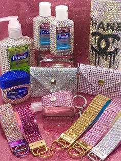 Bedazzled items, Bling Wristlet Bling Hand sanitizer Bling Vaseline Bling Tumblers Bling Desk Accessories, Rhinestone Diy Projects Bling, Things To Bling And Sell, Bling Ideas Rhinestones, Rhinestoning Things, Beddazling Things, Bedazzling Stuff, Bling Crafts Ideas Diy Projects, Rhinestone Things