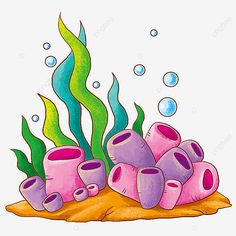 an underwater scene with pink and purple barrels under the seaweed, cartoon, illustration png and psd