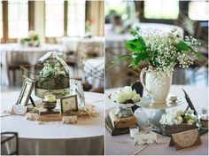 two pictures of tables with flowers in vases and other decorations on top of them