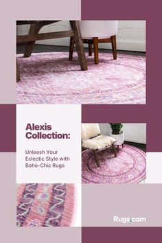 an advertisement for rugs collection featuring pink and purple carpeting, with the words underneath it