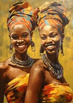 two african women with headscarves and necklaces smiling at the camera in front of a yellow background