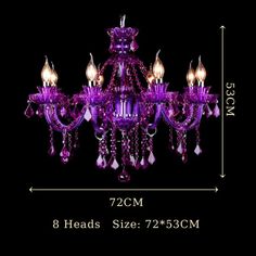 purple chandelier hanging from the ceiling with crystal drops on it and measurements for each light