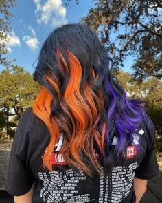 https://amzn.to/3z52E1C Purple And Orange Peekaboo Hair, Halloween Vivid Hair Color, Colored Fall Hair, Purple And Orange Highlights Brown Hair, Black Purple And Orange Hair, Fall Colorful Hair Ideas, Vibrant Hair Color Peekaboo, Multi Color Fall Hair, Autumn Vivid Hair