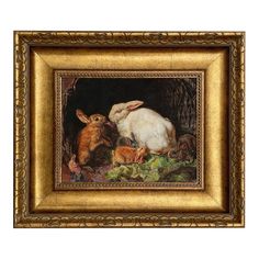 a painting of two rabbits in a wooded area