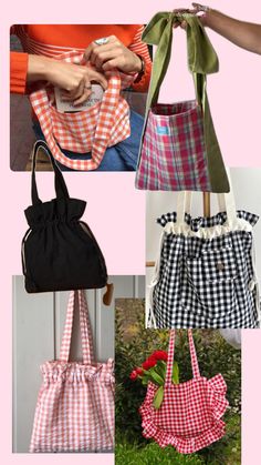 four different types of purses hanging from hooks