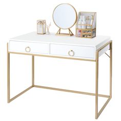 a white desk topped with a mirror and drawers