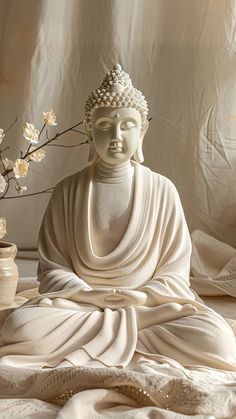 a white buddha statue sitting on top of a bed next to a vase with flowers