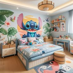 a child's bedroom decorated in blue and pink with lil the frog wallpaper