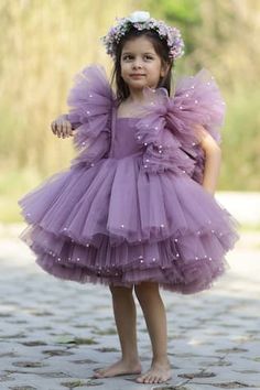 Dark lavender dress with pearl embellishment and ruffle detailing on hem. - Aza Fashions Net Frock, Girl Frock, Party Wears, Tulle Flower Girl Dress, Puffy Dresses, Dresses Purple, Chloe Dress, Frock Dress, Tulle Flower Girl