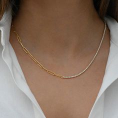 "This Half Paperclip, Half CZ Tennis Necklace is super cute & trendy! It's perfect to layer or wear alone for that minimalist look. Matching bracelet available! https://www.etsy.com/listing/1153611960/half-tennis-half-paperclip-bracelet?click_key=854037f57e0688d9bdf4b5c4d5aed3722a3db2de%3A1153611960&click_sum=ff7c4396&ref=shop_home_active_5&pro=1 - - - D E T A I L S - - - * Made of 925 Sterling Silver and plated in a THICK plating of 14k Gold or Rhodium for a piece that will be with you for year Half And Half Necklace, Paperclip Bracelet, Paperclip Necklace, Gold Link Chain, Yellow Gold Necklace, Matching Bracelet, Tennis Necklace, Gold Necklaces, Trombone