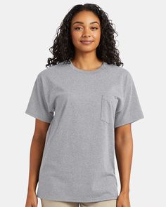 Unisex Essential Pocket T-Shirt - LIGHT STEEL - M | Hanes Essential Pocket T-Shirt in Light Steel Size Medium | Cotton Gray Short Sleeve Plain Top, Heather Grey Relaxed Fit Short Sleeve T-shirt, Heather Grey Crew Neck T-shirt For Everyday, Everyday Heather Grey Crew Neck T-shirt, Heather Grey Short Sleeve Casual Shirt, Casual Heather Grey Short Sleeve Shirt, Workwear Shorts, Sustainable Manufacturing, Pocket Tshirt