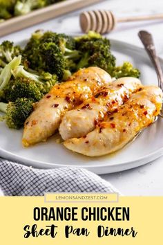 a white plate topped with chicken and broccoli next to a pan of food