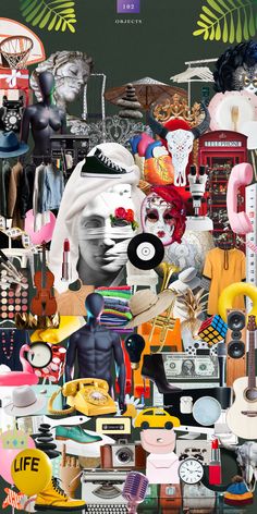 a collage of many different objects and things in the same photo, including an image of a man's face