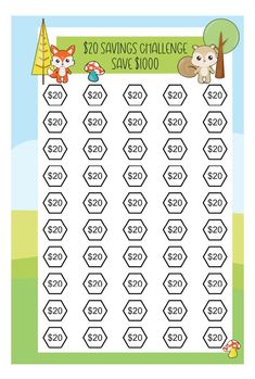 a printable worksheet for the $ 20 savings challenge with animals and trees