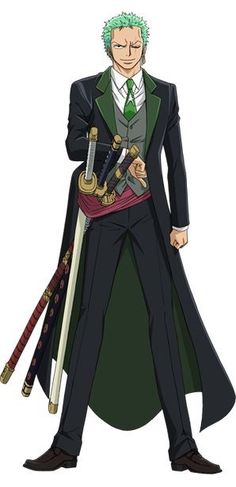 an anime character with green hair wearing a long coat and holding two swords in his hands