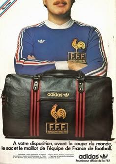 an ad for adidas with a man holding a duffel bag in his hands