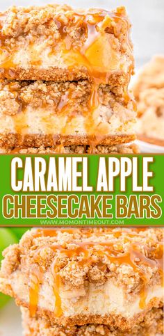 caramel apple cheesecake bars stacked on top of each other